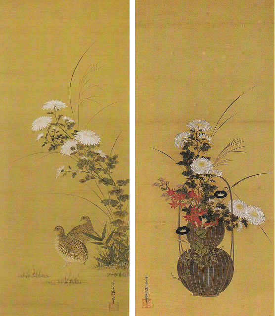 左:土佐光起「菊鶉図」、右:土佐光起「花籠図」両作品とも敦賀市立博物館蔵