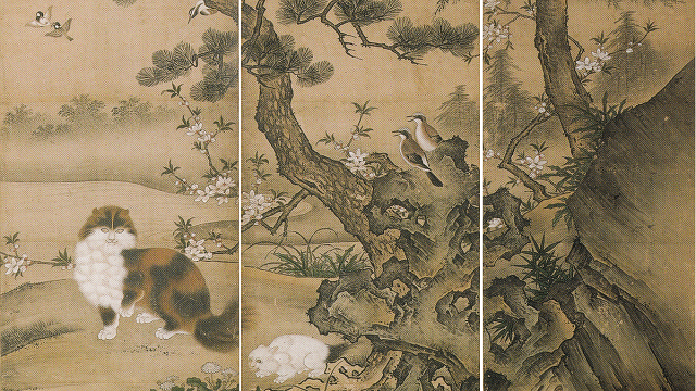 伝狩野雅楽助「麝香猫図屏風」（部分）ボストン美術館