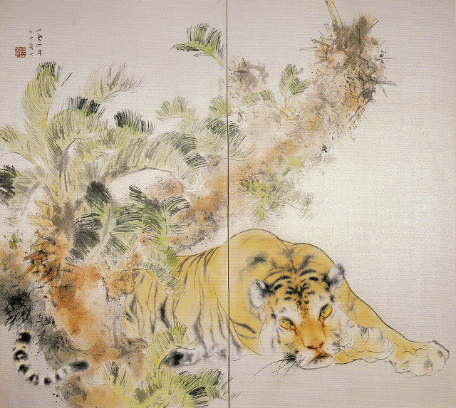 竹内栖鳳「雄風」(二曲一双屏風のうち左隻)京都市美術館蔵