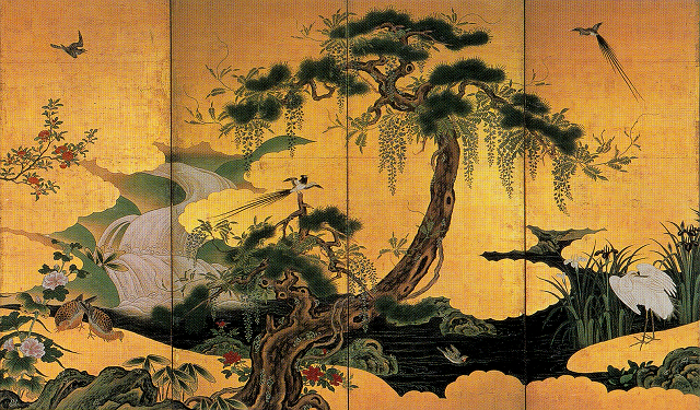 狩野永納「春夏花鳥図屏風」（左隻部分）サントリー美術館蔵