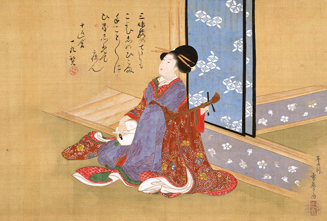 墨川亭雪麿「三味線を引く美人図」東京国立博物館蔵