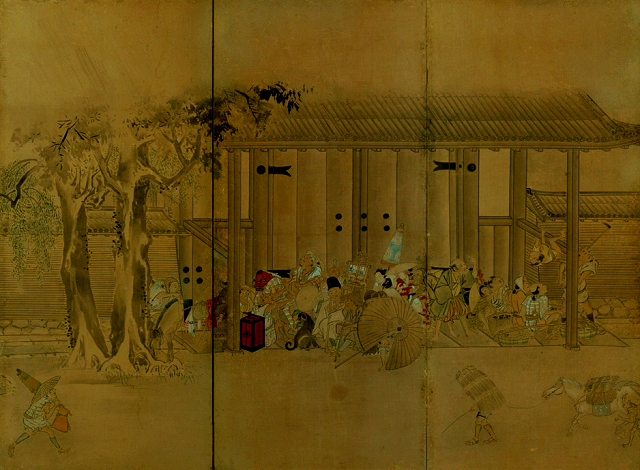 英一蝶「雨宿図屏風」（部分）東京国立博物館蔵