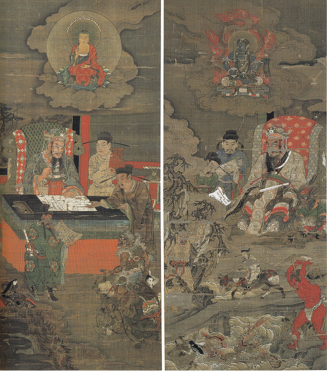 藤原行光「十王図」（左：五道転輪王、右：秦江王）重文　京都・二尊院蔵