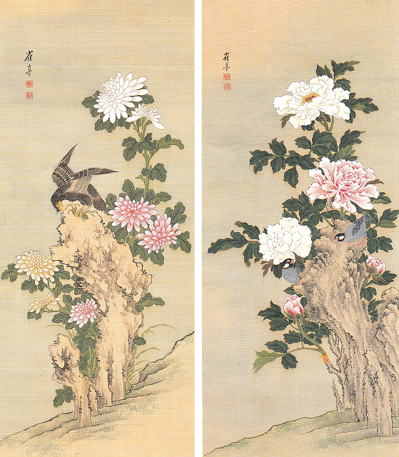 左：斎藤雀亭「菊に叭々鳥図」、右：斎藤雀亭「牡丹岩小禽図」