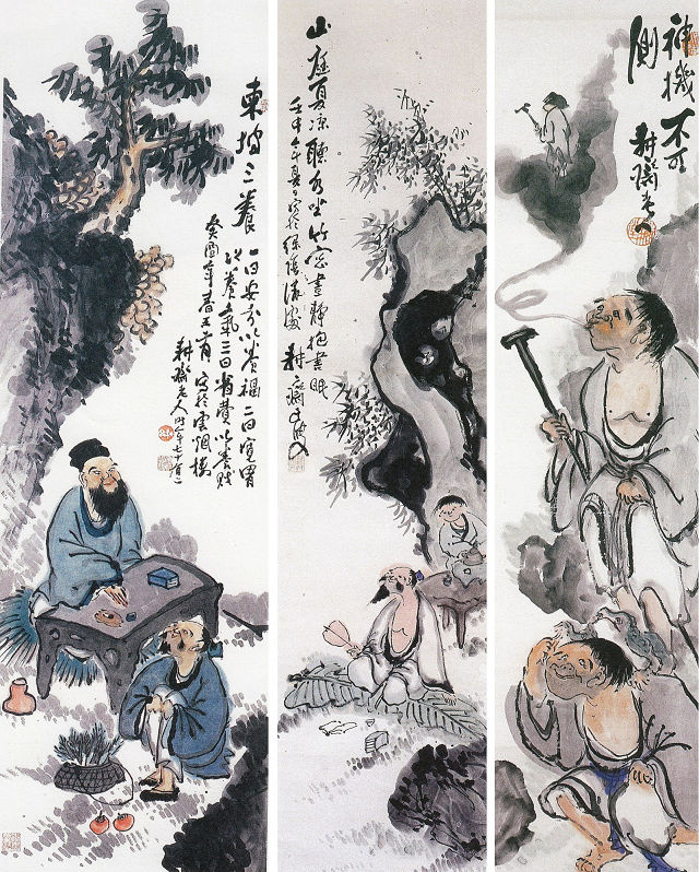 左から、安藤耕斎「東坡三養図」「山庭夏涼図」「蝦蟇・鉄拐仙人図」