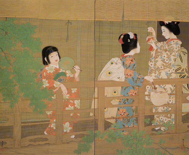 岡本大更・松村梅叟の合作「金魚」<br>屏風の左側を大更、右側を梅叟が描き、別々の署名がなされている。