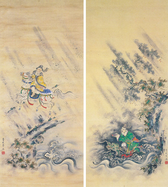 左：大島芳暁斎 「黄石公図」、右：大島芳暁斎「張良図」