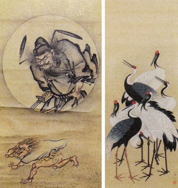 左：２代山本養和「鍾馗に鬼図」、右：２代山本養和「群鶴図」