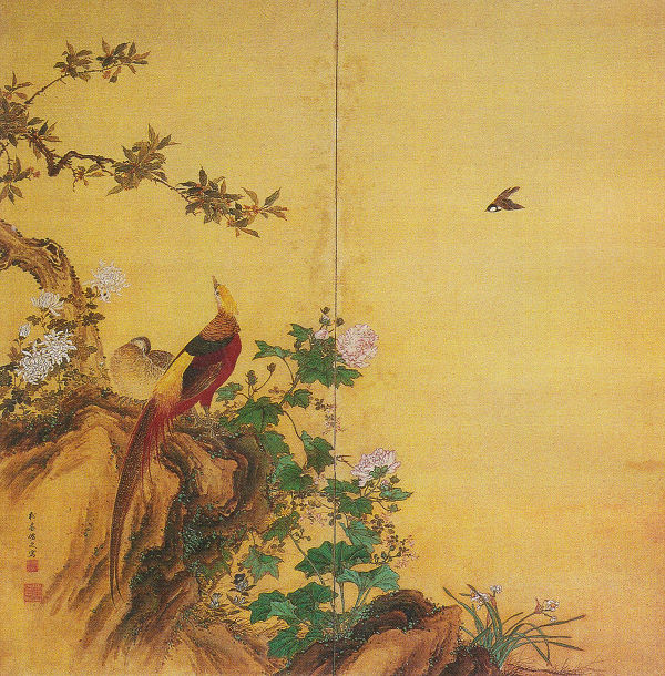 中浜松香「花鳥図」二曲一双のうち左隻