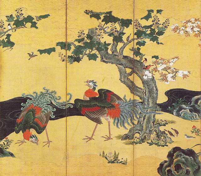 狩野松栄「四季花鳥図屏風」(右隻部分)白鶴美術館蔵