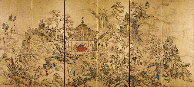 池大雅「楼閣山水図屏風」(左隻)国宝 東京国立博物館蔵