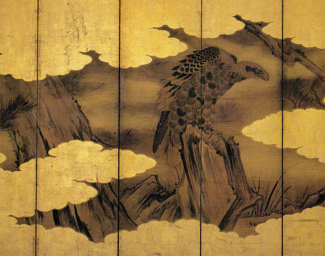 曾我直庵「松柏に鷹図屏風」(左隻部分)福井県立美術館蔵