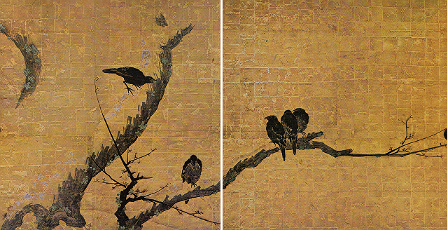 雲谷等顔「梅に鴉図襖」（６面の内）重文　京都国立博物館蔵