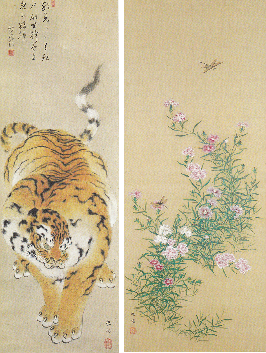 亀岡規礼　左：「猛虎図」、右：「撫子に蜻蛉図」ともにプライスコレクション