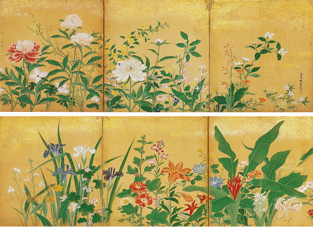 鶴沢探索「四季草花図屏風」(部分)香川・円明院(京都国立博物館寄託)