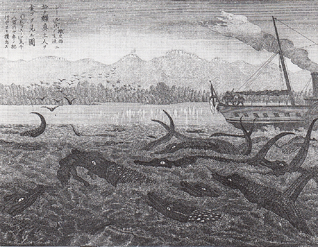 二代玄々堂・松田緑山「シール河ニ於テ鱷魚土人ヲ食フヲ見ル図」