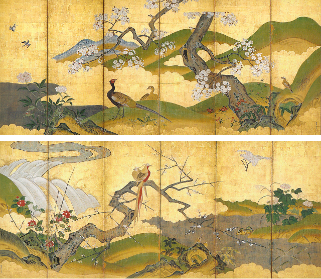 鶴沢探鯨「桜雉子・梅金鶏図屏風」香川・円明院(京都国立博物館寄託)