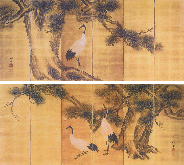 湯川松堂「松鶴図屏風」四天王寺蔵