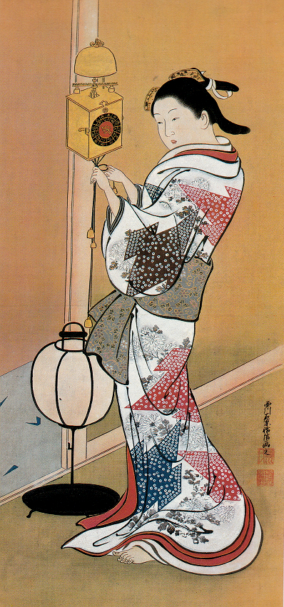 西川祐信「時計と美人図」
